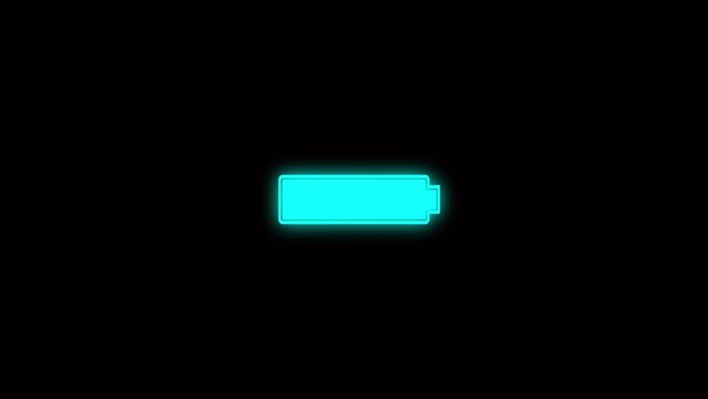 A bright cyan neon outline of a battery with a glowing aura is centered on a completely black background representing a low power state or empty charge indicator symbol for electronic devices and