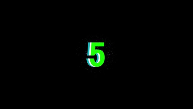 A bright green number 5 with a glitch effect and a subtle white speckle overlay against a black background representing digital countdowns or error messages Keywords: number, five, 5, green, white