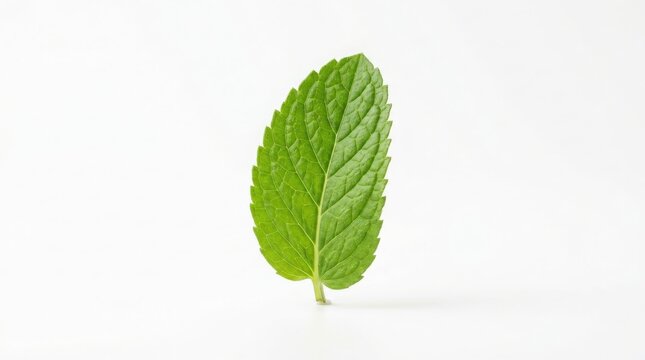 Single fresh green peppermint leaf standing upright with isolated vertical ingredient culinary aromatic botanical spearmint peppermint seasoning vegetarian fragrant refreshing background