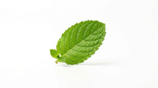 Single fresh green peppermint leaf isolated on white background with peppermint isolated background culinary ingredient aromatic fragrant botanical close-up freshness nutrition vegetarian