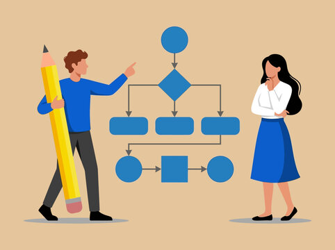 Business team analyzing workflow diagram with giant pencil vector