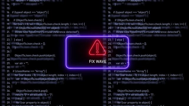 Glowing neon warning with fix wave text overlaying scrolling javascript programming code background, for software development, cybersecurity, debugging, and, technical error notification concepts