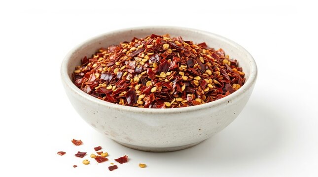 Small white bowl filled with spicy dried red chili pepper flakes seasoning ingredient culinary condiment isolated background close-up condiments gastronomy additive botanical flavoring
