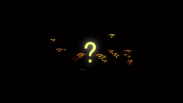 A large glowing yellow question mark symbol is centrally positioned with numerous smaller red orange and yellow question marks scattered around it against a dark black background with soft bokeh