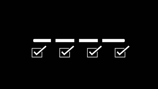 A row of four white horizontal lines with corresponding white checkmarks inside square boxes below them all set against a solid black background representing a completed checklist or task list with