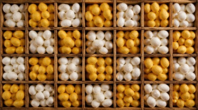 Golden and white silkworm cocoons sorted in wooden grid sections, showcasing raw silk material.