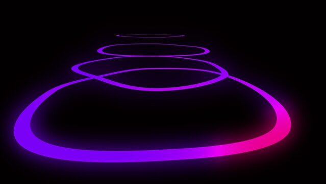 A series of luminous purple and pink rings, fading in size and intensity, create a sense of depth and movement receding into a dark black background, suggesting a futuristic pathway or abstract