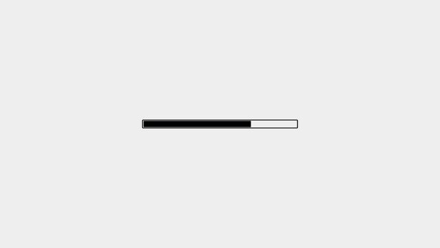 A simple black and white loading bar with a portion filled in, positioned horizontally in the center of a light gray background, indicating a process in progress or a waiting period