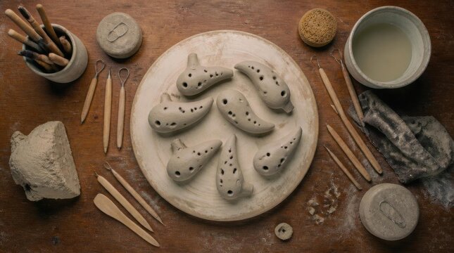 A collection of handmade clay ocarinas arranged on a wooden surface, surrounded by pottery tools and supplies.