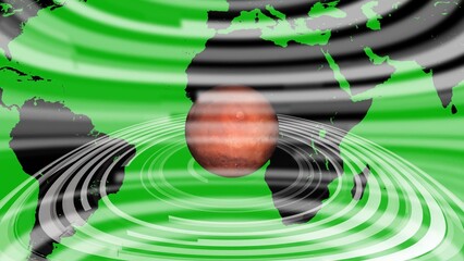 A vibrant green map with black outlines is overlaid with white concentric rings and a detailed of Jupiter in the center representing space exploration and planetary science Keywords: map, globe © HUJAYFA