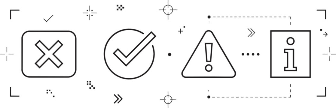 System notification line icon set featuring error cross success checkmark warning exclamation mark and information symbols in vector