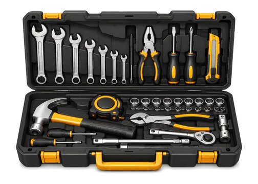 Professional tool kit in black case featuring hammer wrenches and pliers for repair and maintenance tasks