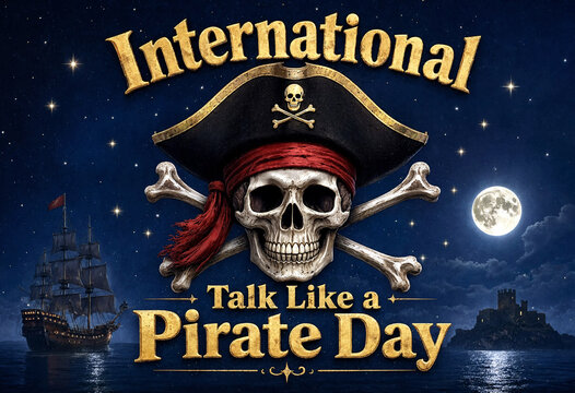 Colorful international talk like a pirate day celebration poster with skull ship and moon scene