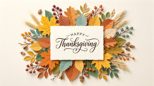 Beautiful thanksgiving greeting card with a colorful autumn leaf wreath and elegant hand written calligraphy text design