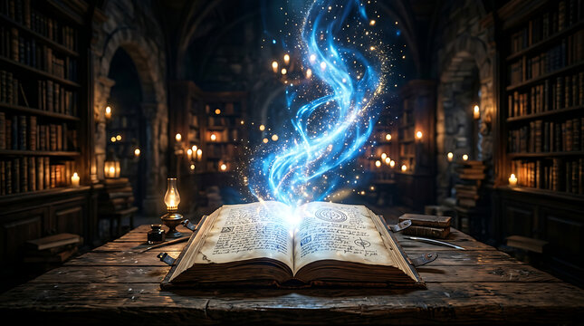 An ancient open spellbook on a rustic wooden table in a dimly lit library with magical blue energy and glowing particles rising from the pages