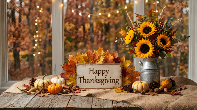 Rustic thanksgiving table centerpiece with sunflowers pumpkins and a happy thanksgiving sign on a wooden table
