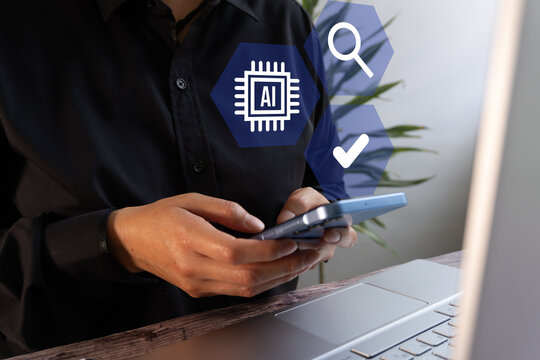 Person uses phone and laptop, with AI, search, and checkmark icons
