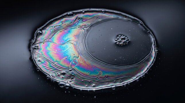 Iridescent oil film spill on dark water background macro