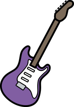 A vibrant purple electric guitar with a white pickguard and silver hardware, depicted in a simple, stylized illustration
