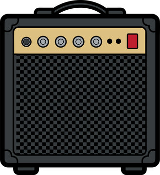 An electronic guitar amplifier with a black grille and gold control panel, featuring several knobs and a red power button