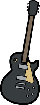 A cartoon electric guitar with a black body and a brown neck, depicted in a simple, playful style