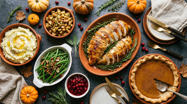 Top view of a festive thanksgiving dinner table featuring roasted turkey mashed potatoes green beans and pumpkin pie