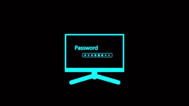 Computer screen displaying a password entry field with asterisks and the word Password in a neon blue outline against a black background representing digital security and access control concepts