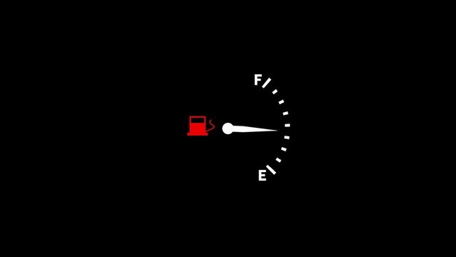 Empty fuel gauge indicator with red fuel and white needle pointing to E on a black background representing an empty gas tank and the need for refueling a vehicle or machine