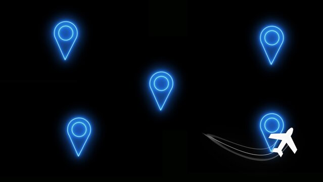 Five glowing blue neon map pin location markers arranged in a pattern with an airplane and a flight path trail on a dark black background symbolizing travel routes and destinations