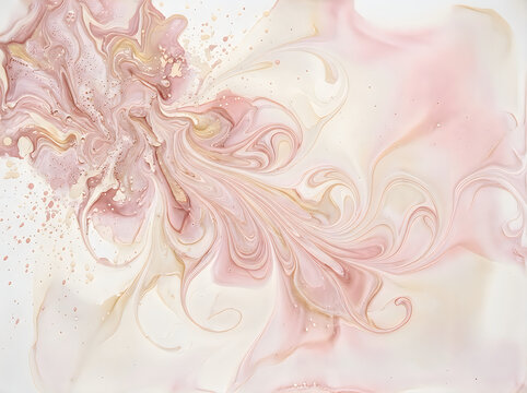 Abstract fluid art in blush and gold tones marbleized acrylic paint