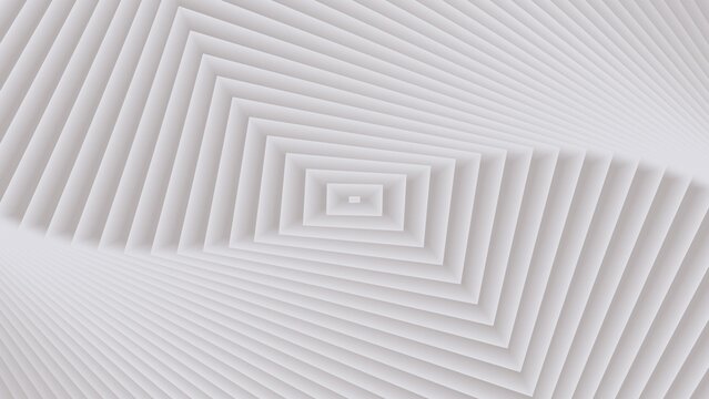 Geometric abstract background with nested squares and rectangles creating a dynamic tunnel effect with sharp lines and subtle shadows in a monochromatic white palette