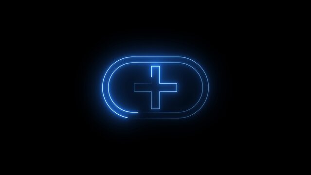 Glowing Blue Neon Oval Frame Containing a Plus Symbol on a Black Background Representing Healthcare, Addition, or Positive Reinforcement
