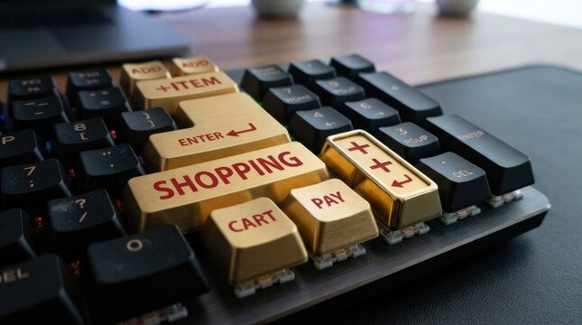 A computer keyboard featuring custom goldcolored keys labeled with shoppingrelated terms like shopping, cart, pay, and add item, symbolizing online retail and ecommerce black friday