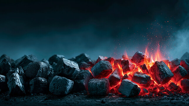 Intense glowing coal fire with bright sparks and flying embers for dramatic industrial background.