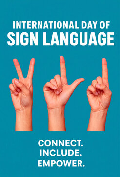 International day of sign language celebration with hand gestures showing victory love and unity message