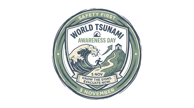 world tsunami awareness day emblem with wave evacuation warning and safety message.