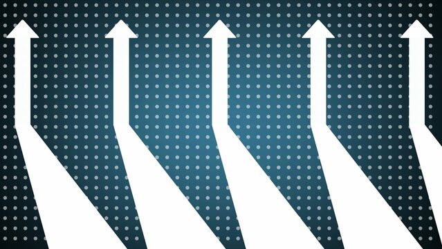 Multiple white upward pointing arrows emerging from dark shadows against a dark blue background with a subtle dotted pattern creating a sense of progress and direction Keywords: arrow, up, upward