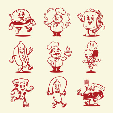 Retro 1930s cartoon food characters line art, featuring a walking burger, pizza, and hot dog.