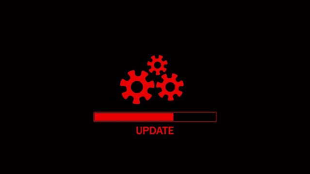 Red gears and a progress bar with the word UPDATE displayed below them against a dark black background indicating a system update or software installation process