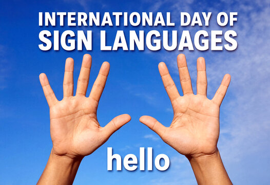 International day of sign languages celebration with hands waving hello in clear sky background