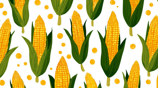 Seamless Corn on the Cob and Green Leaves Pattern, Colorful Agricultural Background