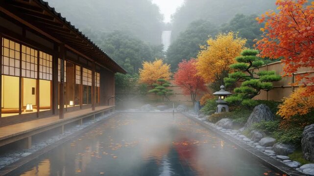 Japanese Onsen in Autumn Mist: A traditional Japanese inn with sliding doors overlooks a steaming outdoor hot spring bath surrounded by vibrant autumn foliage and a serene garden.