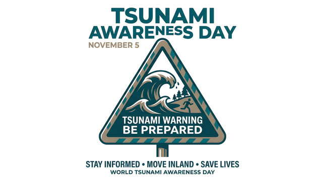 Tsunami awareness day warning sign with running man and message to move inland for safety.