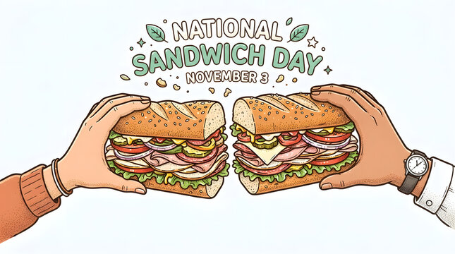 National sandwich day celebration with two large delicious sandwiches held by hands.