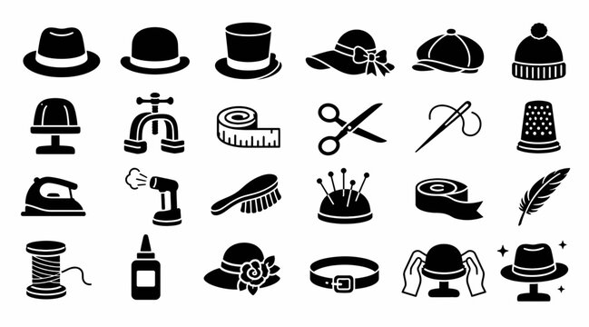 Black and white icons of hats and sewing tools.