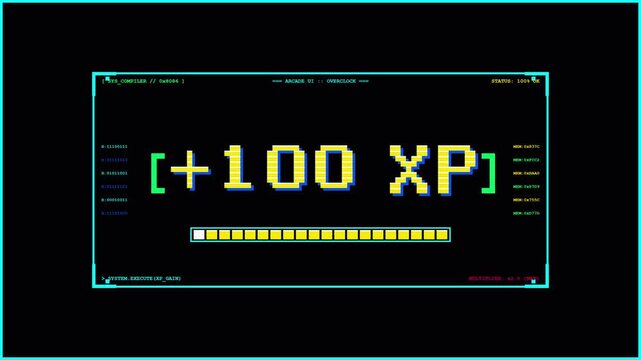 Retro 8-Bit Arcade UI HUD Interface with Pixel Art Elements, Gaming Overclock System Compiler and Digital Progress Bar on Black Background