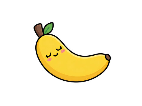 Cute cartoon banana character with a sleeping face and a small green leaf isolated on white background