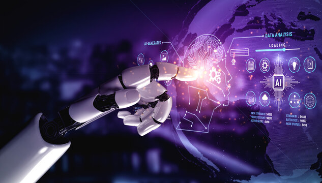 Futuristic Robot Finger Touching Digital Interface with Data Analysis and Artificial Intelligence Concepts for Technology and Innovation Themes Fluxor.