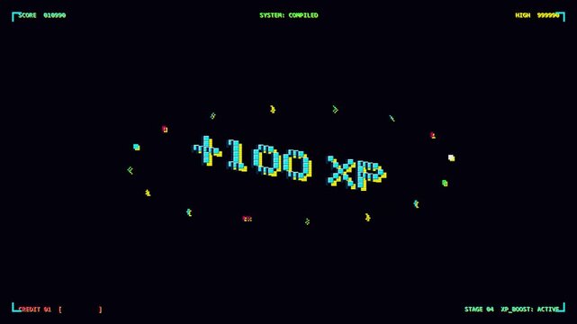 Retro 8-Bit Pixel Art Video Game User Interface with XP Boost Achievement and Arcade HUD Elements on Dark Background