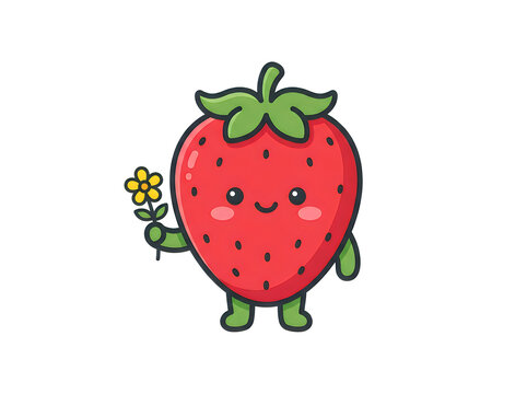Cute cartoon strawberry character holding a small yellow flower isolated on a white background for design projects